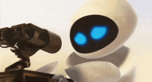 a cartoon robot with blue eyes is looking through a telescope