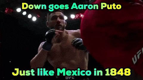 a man in a boxing ring with the words down goes aaron puto just like mexico in 1848 below him