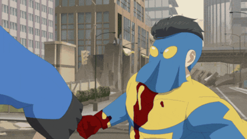a blue and yellow superhero is fighting another superhero on the street