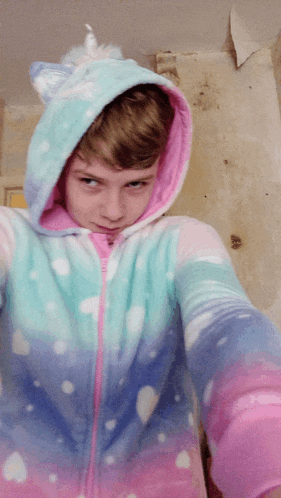 a boy wearing a unicorn hoodie takes a picture