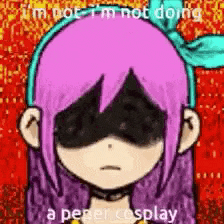 a cartoon of a girl with purple hair and a bandana on her head is wearing a black mask .