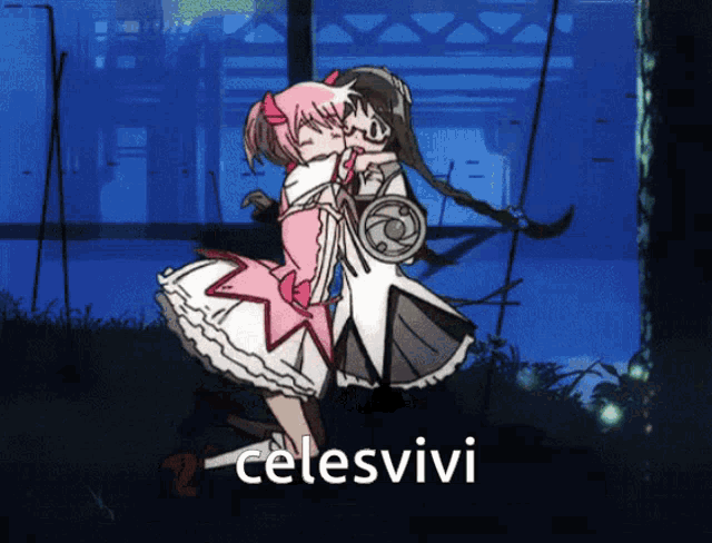 celesvivi is written on the bottom of a picture of two anime girls hugging