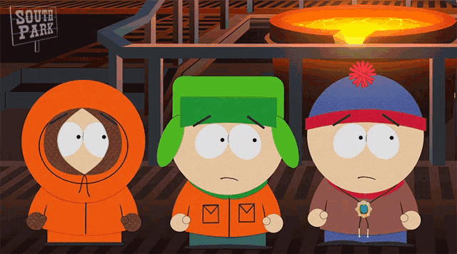 three south park characters standing next to each other