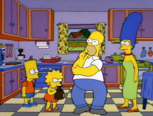 homer simpson and marge simpson are standing in a kitchen