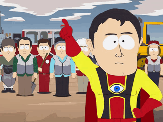 a cartoon of a man in a red and yellow superhero costume pointing up