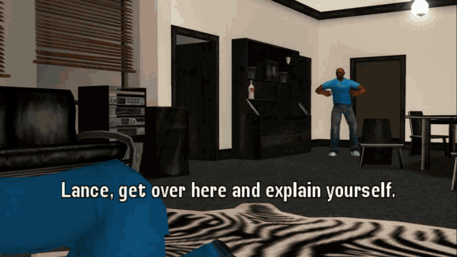 a video game scene with the words lance get over here and explain yourself on the bottom