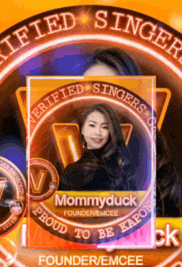 a certified singer card with mommyduck founder/emcee on it