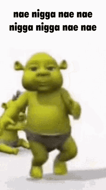 shrek is dancing with the words `` nae nigga nae nae nigga nigga nae nae '' written on the bottom .
