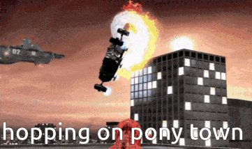 a cartoon of a helicopter flying over a city with the words " hopping on pony town " below it