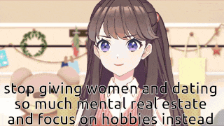 a picture of a girl with the words " stop giving women and dating so much mental real estate and focus on hobbies instead " below her