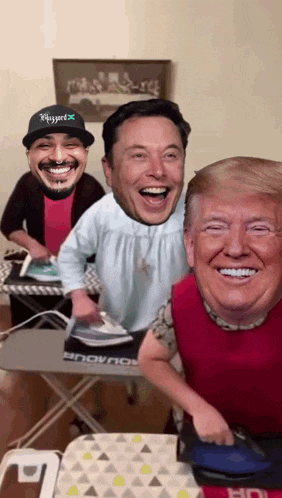 elon musk and donald trump are ironing clothes on an ironing board