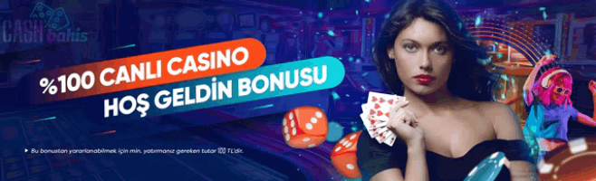 a woman holding playing cards in front of a banner that says ' 100 canli casino hos geldin bonusu '