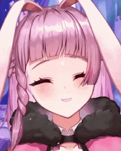 a close up of a pink haired anime girl with bunny ears