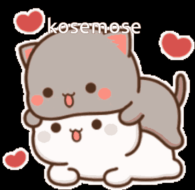 a couple of cats laying on top of each other with hearts around them and the words kosemose on the bottom