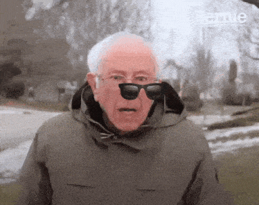 bernie sanders wearing sunglasses and a hooded jacket