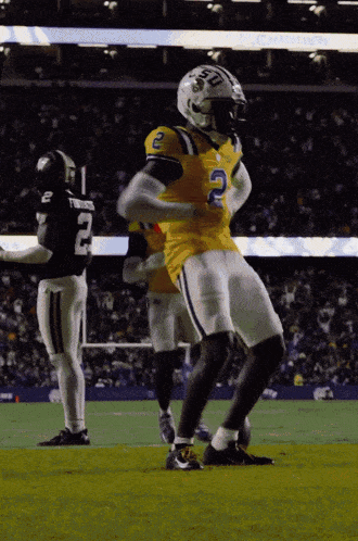 a football player with the number 2 on his jersey stands on the field