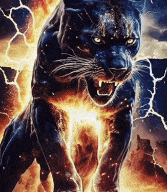 a panther is surrounded by fire and lightning