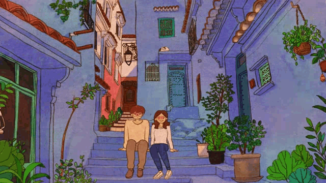 a drawing of a man and woman sitting on steps