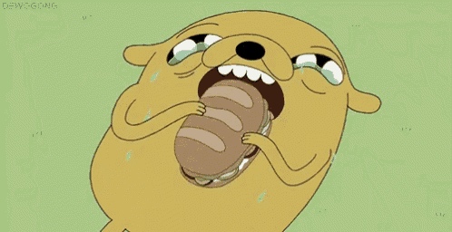 a cartoon character says it 's so good while holding a piece of bread