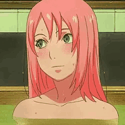 a naked anime girl with pink hair is taking a bath in a tub .