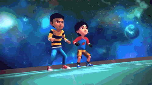 a couple of cartoon characters standing next to each other with a planet in the background
