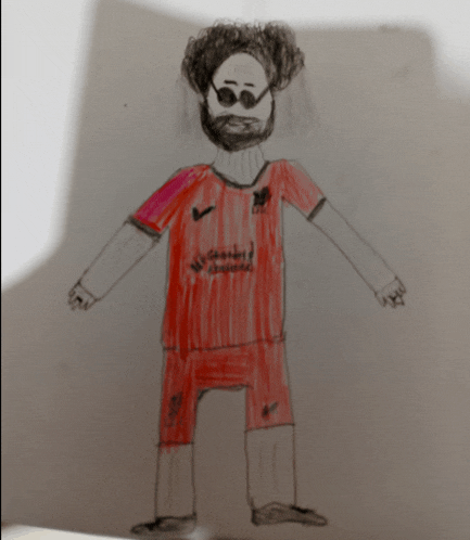 a drawing of a man with a beard wearing a red shirt that says ' standard chartered ' on it
