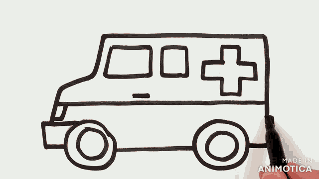 a person drawing an ambulance with a cross on the side