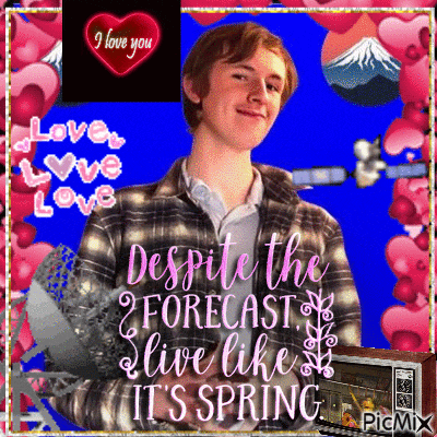 a man in a plaid shirt is holding a globe and says despite the forecast live like it 's spring ..