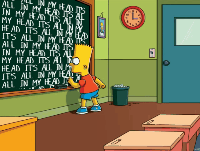 bart simpson is standing in front of a chalkboard that says all in my head