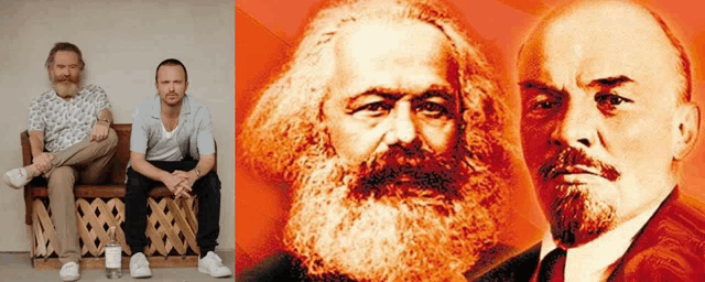 two men sitting on a bench next to a painting of karl marx
