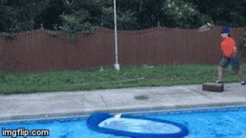 a boy throws a frisbee into a pool with imgflip.com at the bottom of the screen
