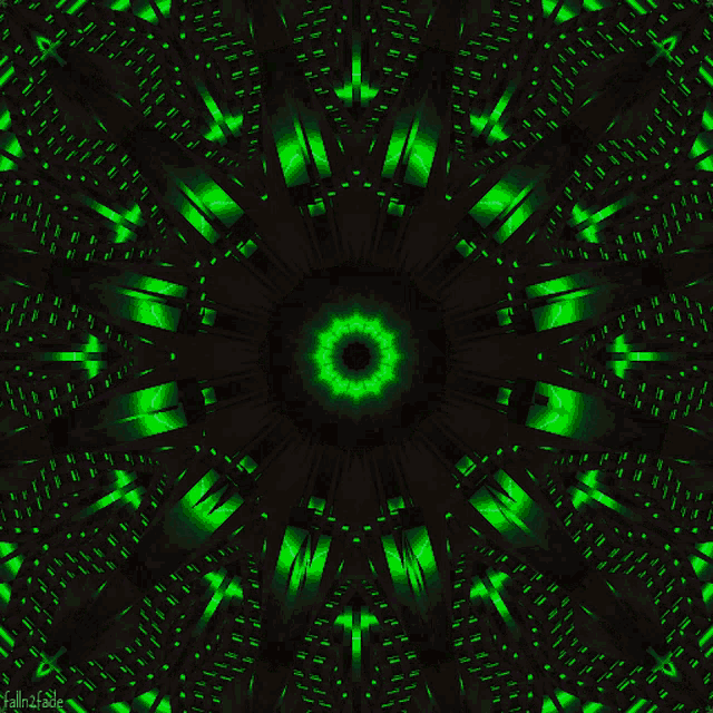a kaleidoscope of green lights on a black background with the words fallen2fade below it