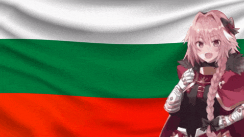 a girl with pink hair stands in front of a flag
