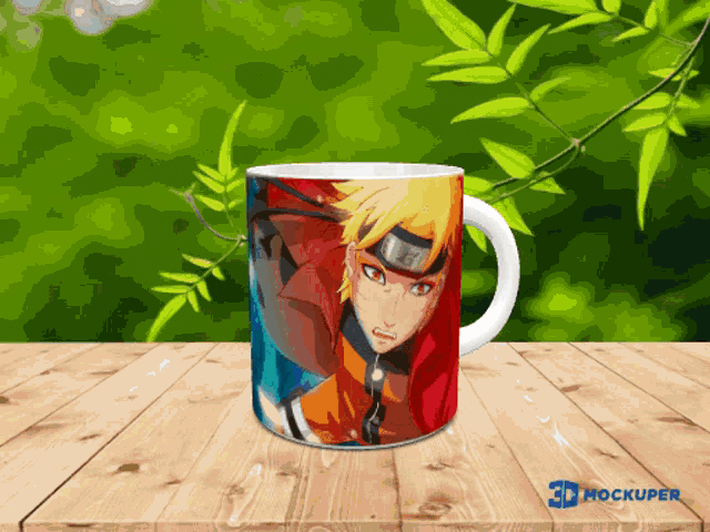 a mug with a picture of naruto on it is sitting on a wooden table