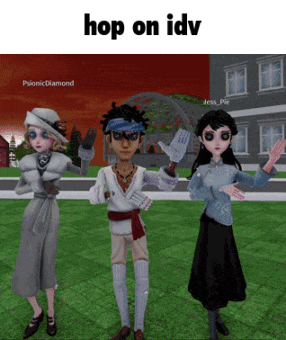 a man and two women are standing next to each other with the words hop on idv written above them
