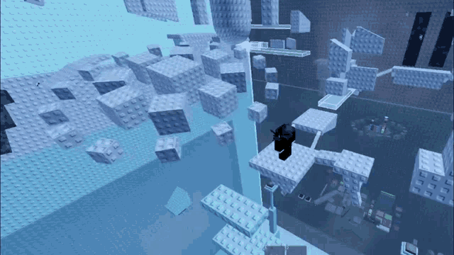 a person in a video game is surrounded by lots of white blocks