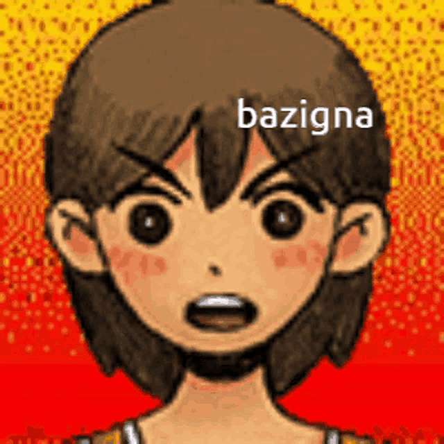 a cartoon of a boy with a red background and the word bazigna on his head .