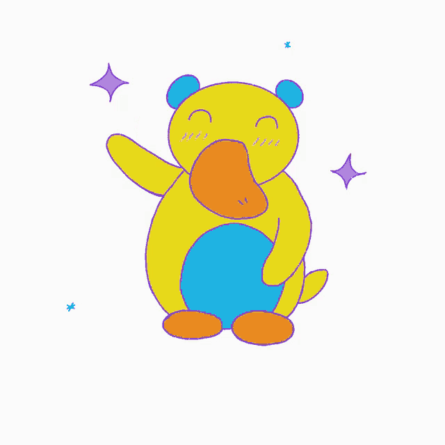 a cartoon drawing of a yellow duck with blue ears and a blue ball