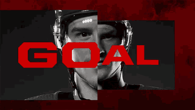 a black and white photo of a hockey player with the word goal in white letters