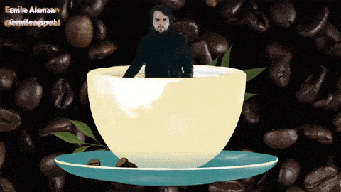 a cartoon of a man in a cup of coffee