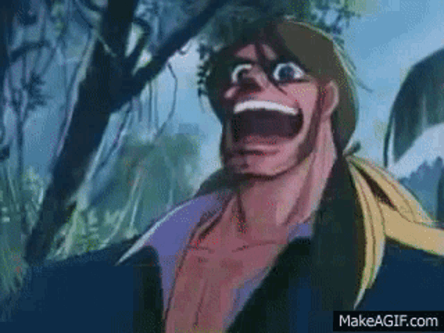 a man with a beard is making a funny face with his mouth open in a cartoon .