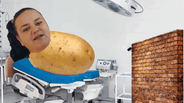 a potato with a woman 's head on it sits in an operating room