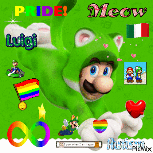 a picture of mario wearing a green cat costume with the words pride meow on it