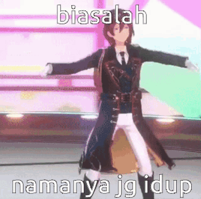 a man in a suit and tie is dancing with his arms outstretched and the words biasalah namanya jg idup below him