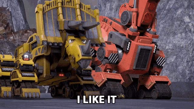 a cartoon says i like it next to a group of vehicles