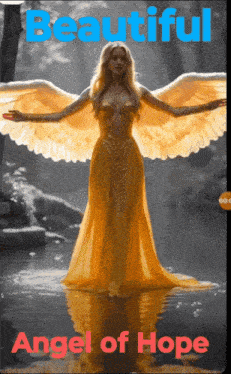 a woman in a yellow dress with angel wings is standing in a body of water