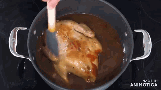 a person is stirring a chicken in a pot that says made in animotica on the bottom
