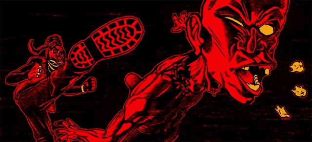 a drawing of a devil with a footprint on his face
