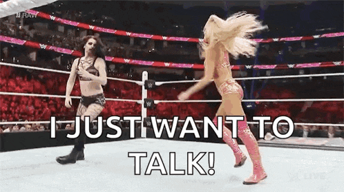 two women are wrestling in a ring with the words `` i just want to talk '' .