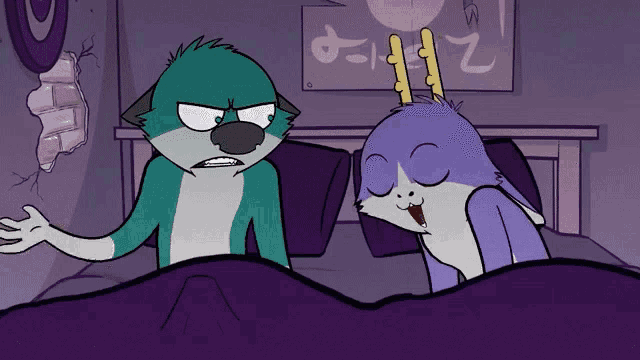 a cartoon of two animals laying in bed with a sign that says zzz